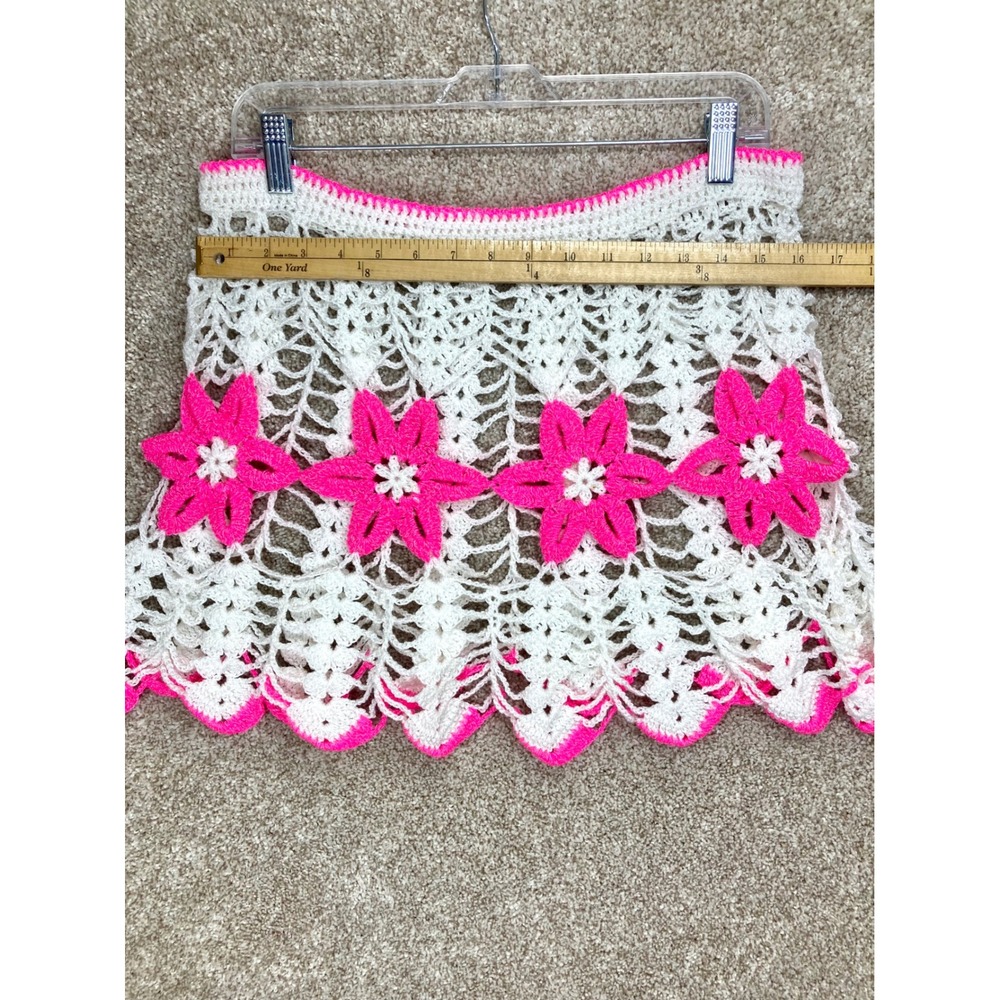 Handmade Crochet Floral Mini Skirt Womens M White Neon Pink FestivalBeach Wear - Picture 4 of 5